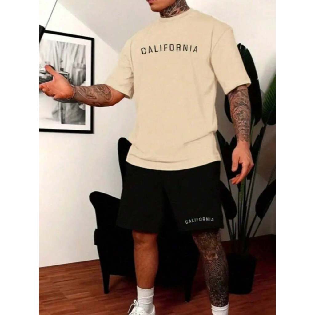 Conjunto Masculino Camisa Algodão + Short Tactel California Roupa Masculina Verão Praia Academia Leve