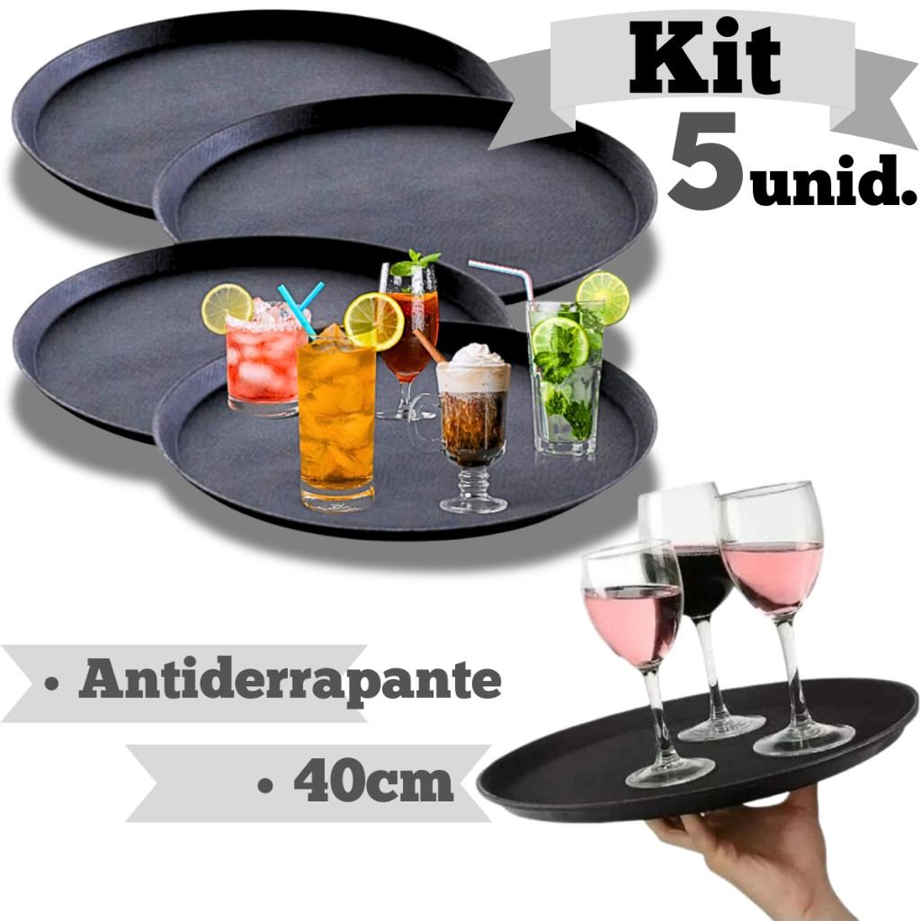 5 Bandejas Garçom Antiderrapante 40cm Bar Restaurante Buffet Resistente Borracha Antiaderente