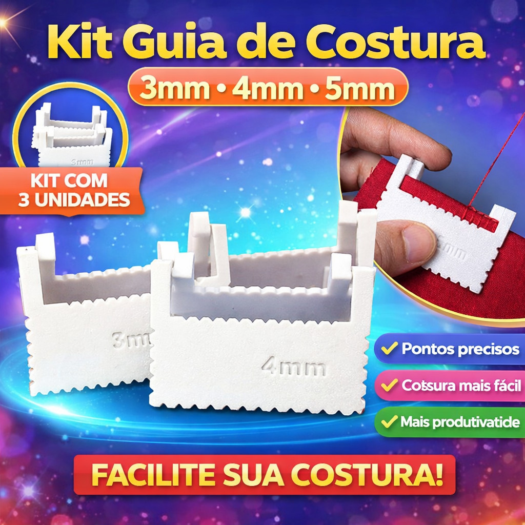 Kit 3 Guias de Costura 3mm 4mm 5mm Gabarito para Costura Manual Pontos Alinhados