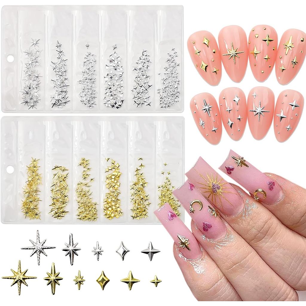 400 Peças de Charms de Estrela para Unhas, Decorações 3D em Ouro e Prata, Charms de Estrela Metálicos, Strass, Joias par