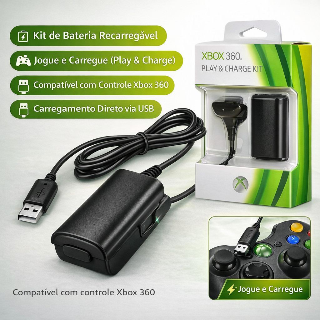 Kit Bateria Recarregável Xbox 360 Controle + Cabo USB 1.4m Play & Charge Sem Pilhas Alta Duração em Oferta na Shopee