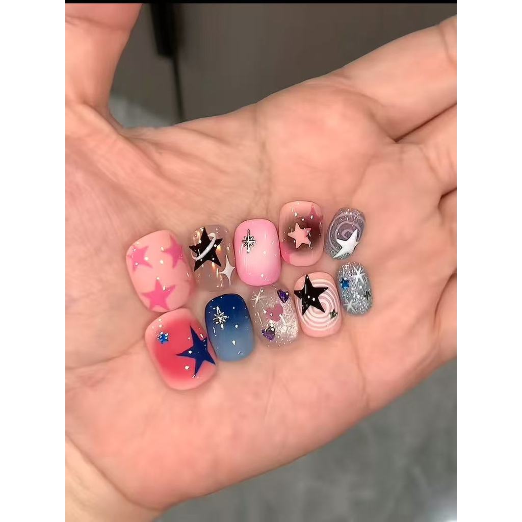 Unhas Postiças Decoradas Y2K Cool Girl estrela rosa azul escuro brilhante