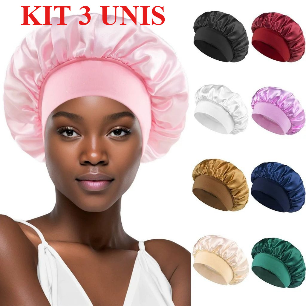 Touca/Gorro de Dormir de Cetim com Aba Faixa Larga Gigante Cabelo Anti Frizz Toca Head