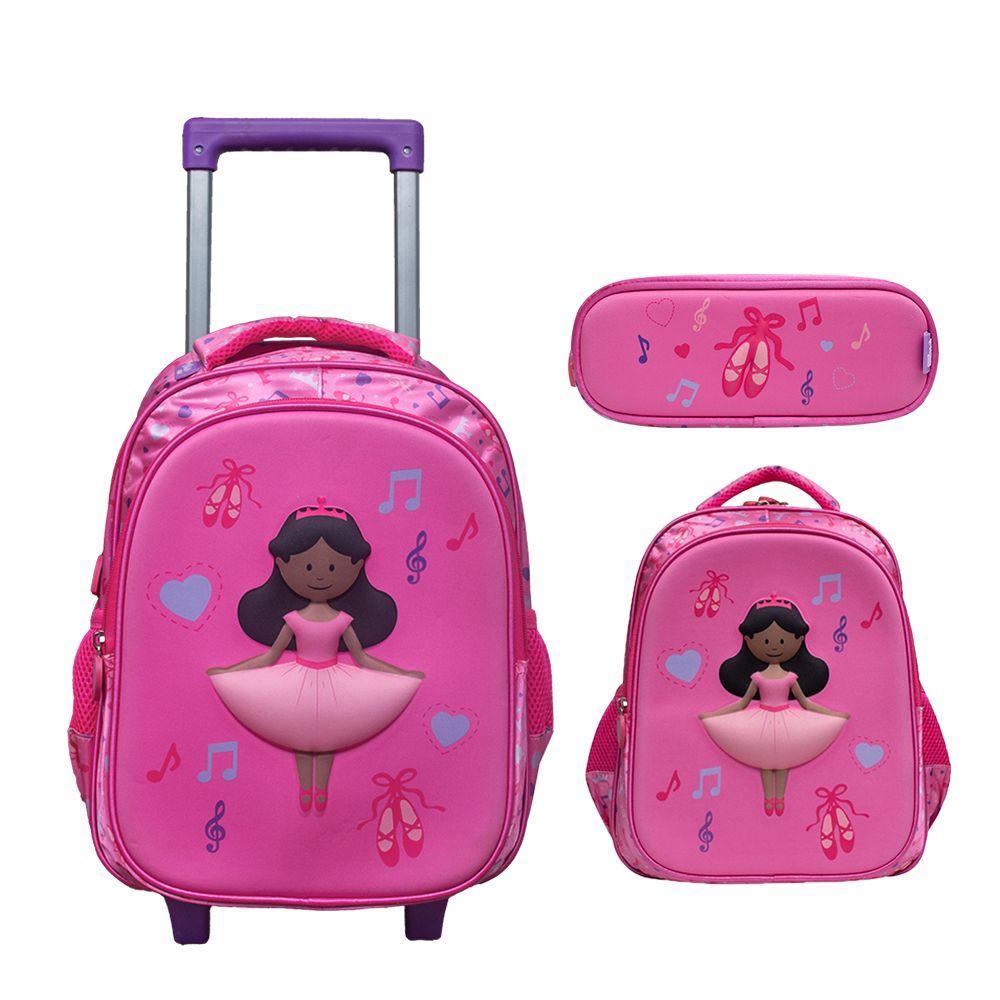 Kit Mochila Escolar Infantil de Rodinhas com Lancheira e Estojo Yins em Poliester Ballerina 3d