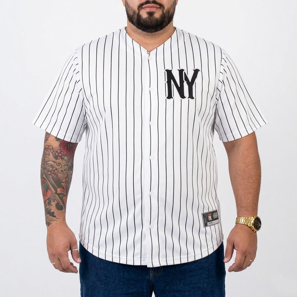 Camisa Baseball M10 Plus Size Classic NY Listrado Branco