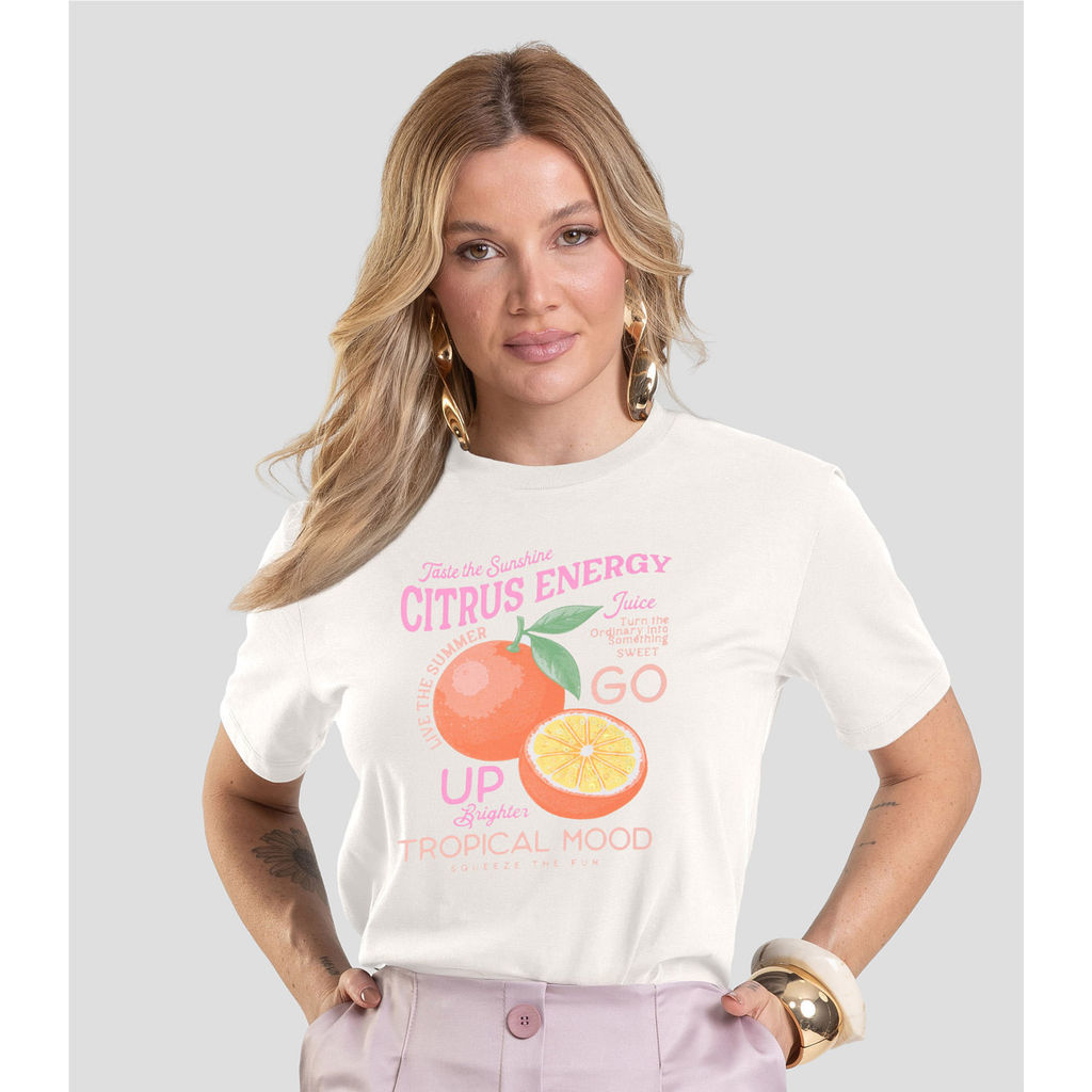 T-Shirt Feminina com Estampa de Frutas Dianna Bege em Oferta na Shopee