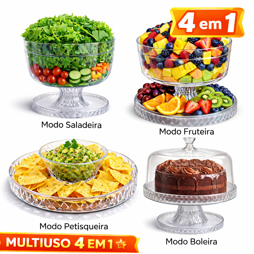 Porta Bolo  Com Tampa Cristal 4 Em 1 Boleira Petisqueira Saladeira Fruteira Mesa