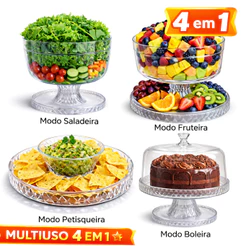 Porta Bolo Com Tampa Cristal 4 Em 1 Boleira Petisqueira Saladeira Fruteira Mesa Posta Primax