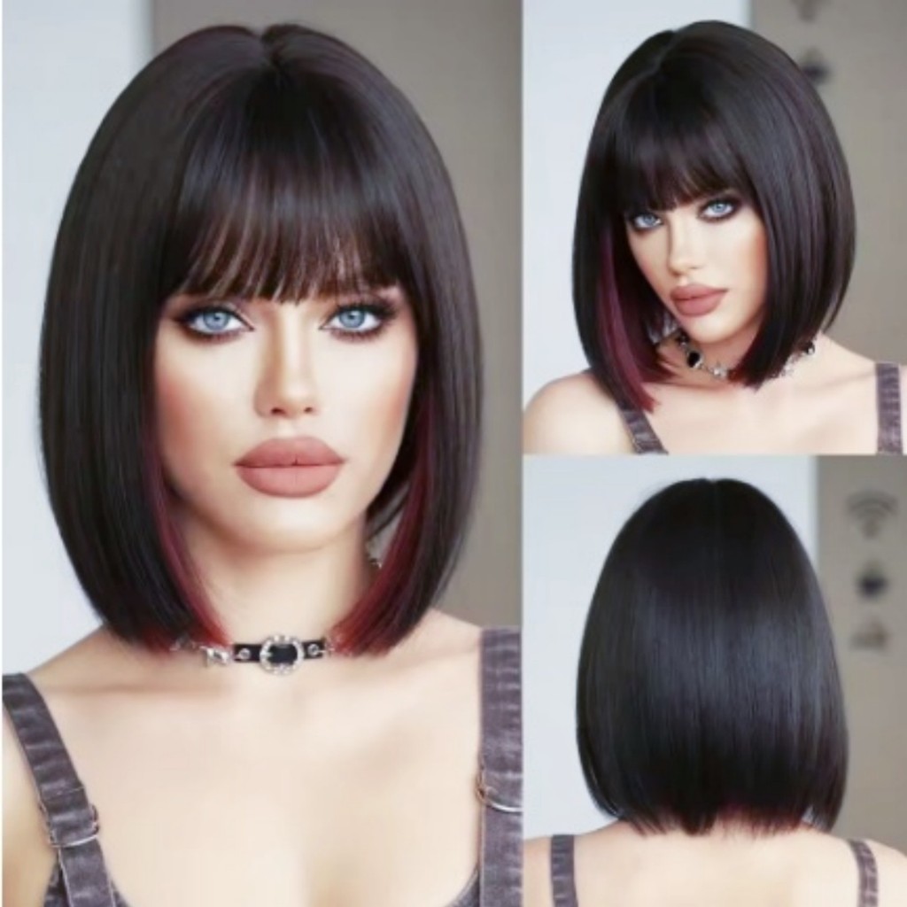 Peruca Bob Preto E Vermelho Vinho Com Franja Fibra Bio Organica 30cm 180g Top Hair MAYA-F99J em Oferta na Shopee