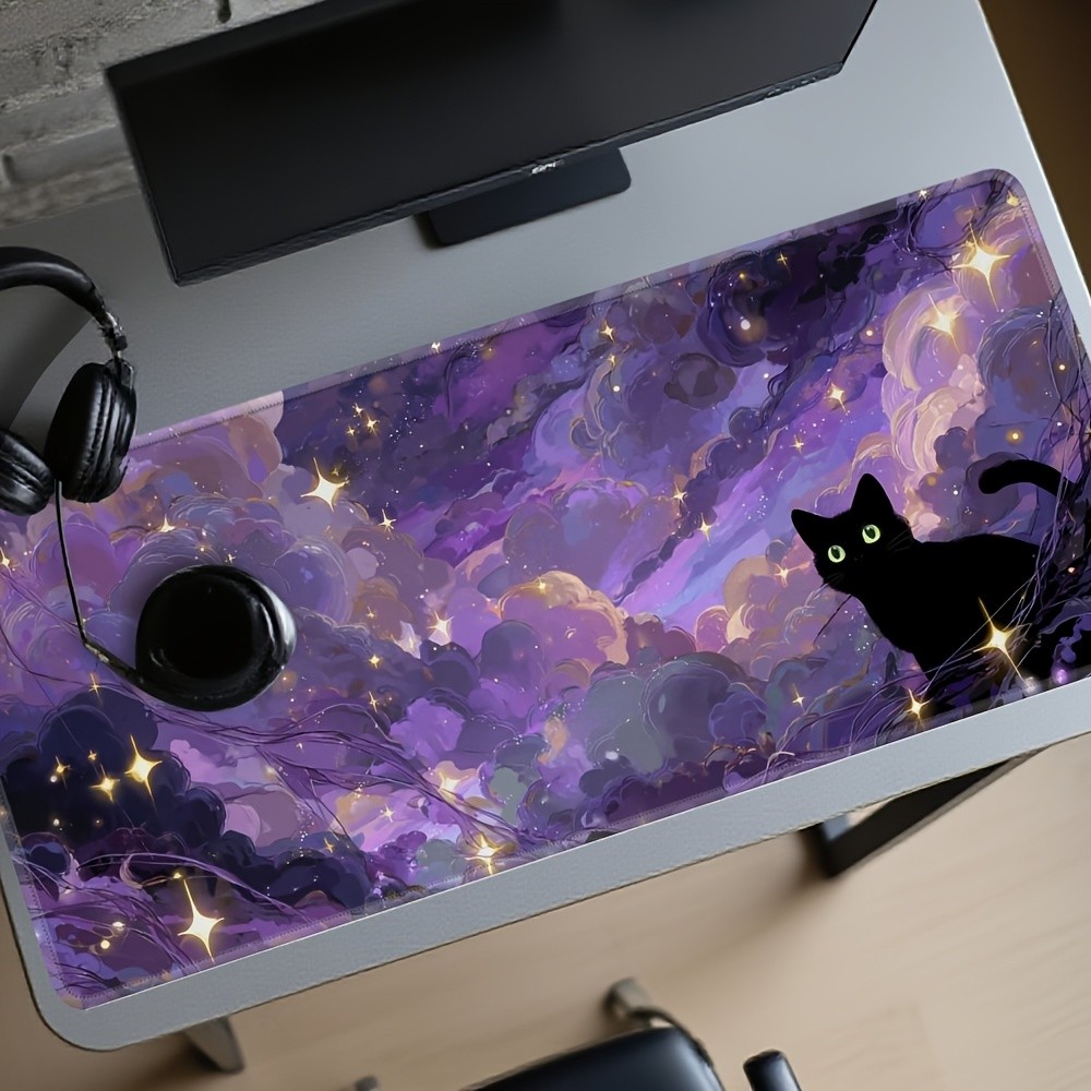 Mouse Pad Com estampa de Gato Gatinho Animal Com Céu Místico Colorido Para Escritório