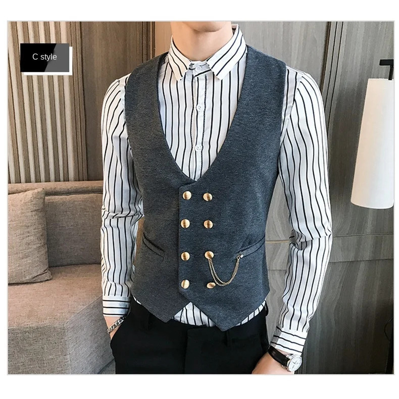 Colwao Masculino Duplo Breasted Colete Primavera Novo Fino Sem Mangas Terno Formal Cinza Preto Moda Masculina Negócios C