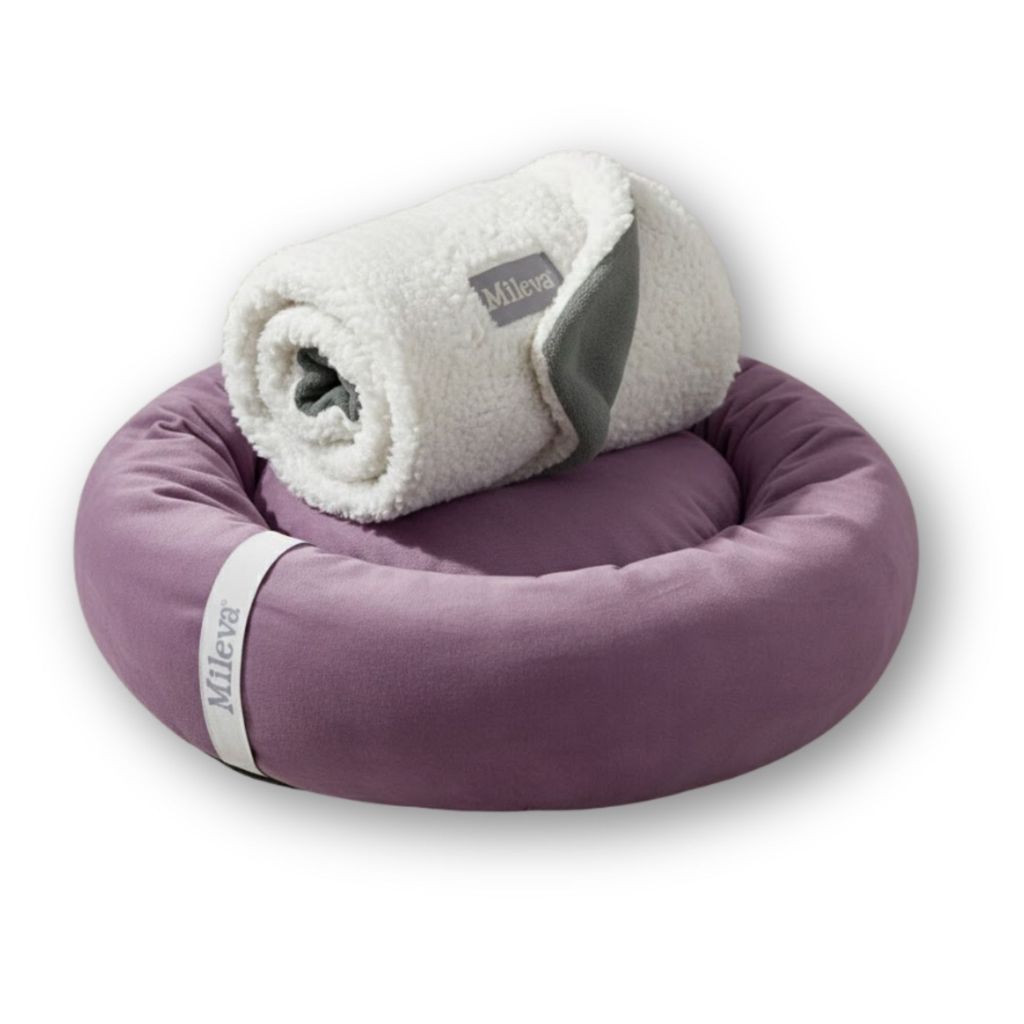 Kit Hora do Soninho Pet: Caminha 50cm Lavanda +Coberdrom grafite material macio, fácil de higienizar, para cães e gatos
