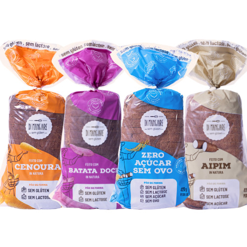 Kit 4 Pães Variados Sem Glúten e Sem Leite 420g (Zero Açúcar, Aipim, Cenoura e Batata Doce)