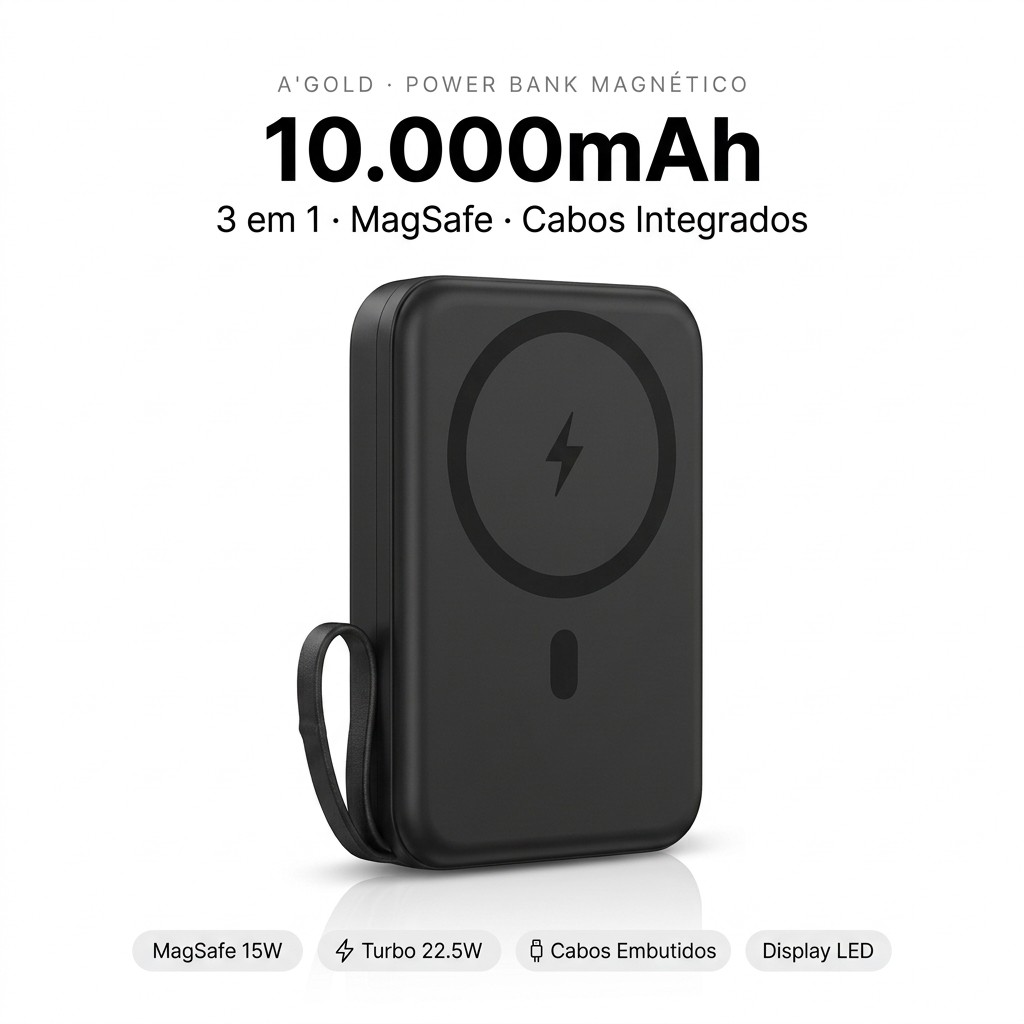 Power Bank Magnético 10000mAh MagSafe 3 em 1 Cabos Integrados Turbo 22.5W iPhone