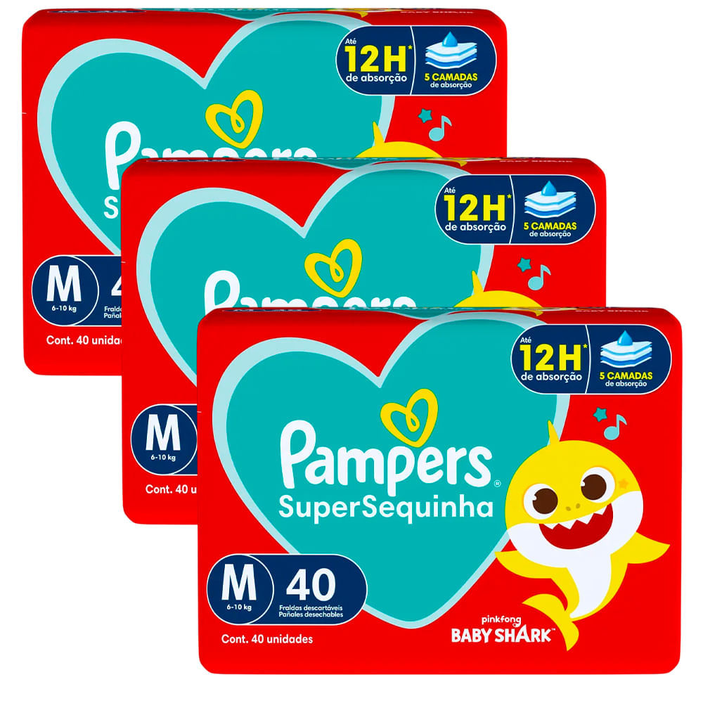 Kit 3 Fraldas Descartáveis Pampers Supersequinha Mega M - 120 Tiras