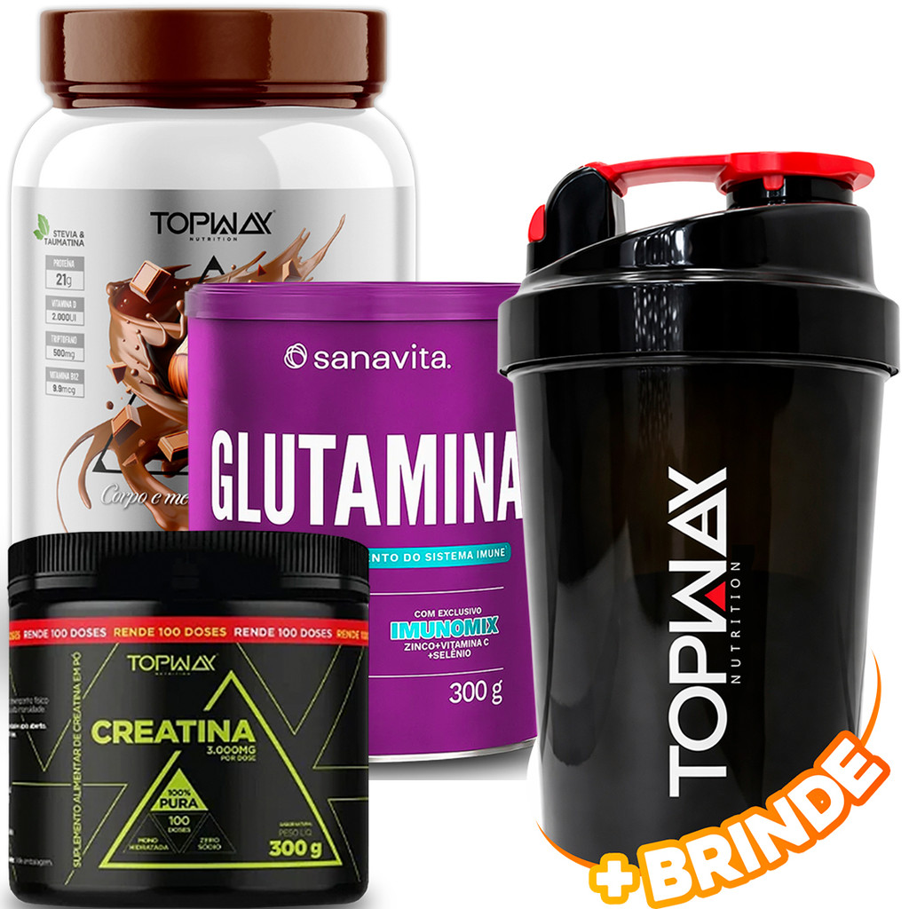 TopWay Whey Protein 100% 900g Chocolate Com Avela + Sanavita Glutamina em Pó 300g + Creatina em Pó