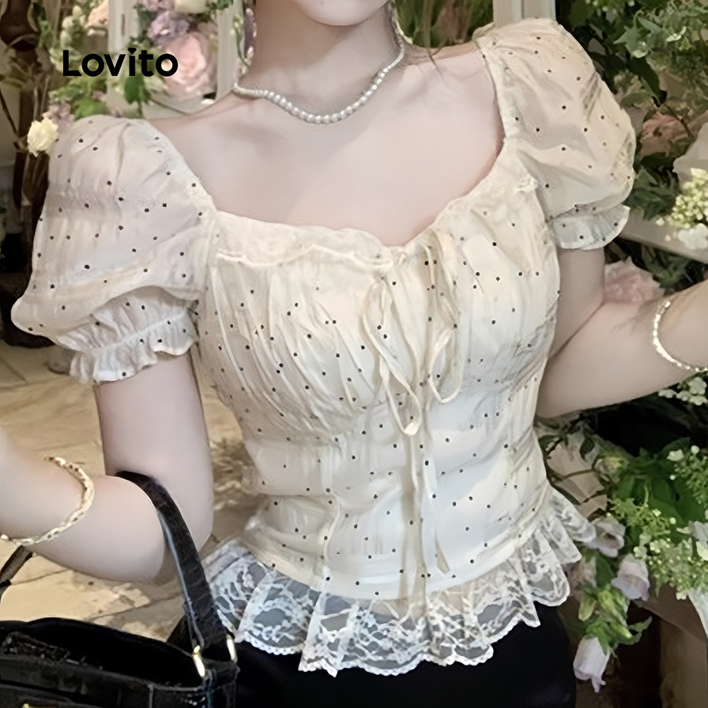 Lovito Blusa Elegante Amarrar Primavera/verão Blusa Branca para Mulheres LK2LD331