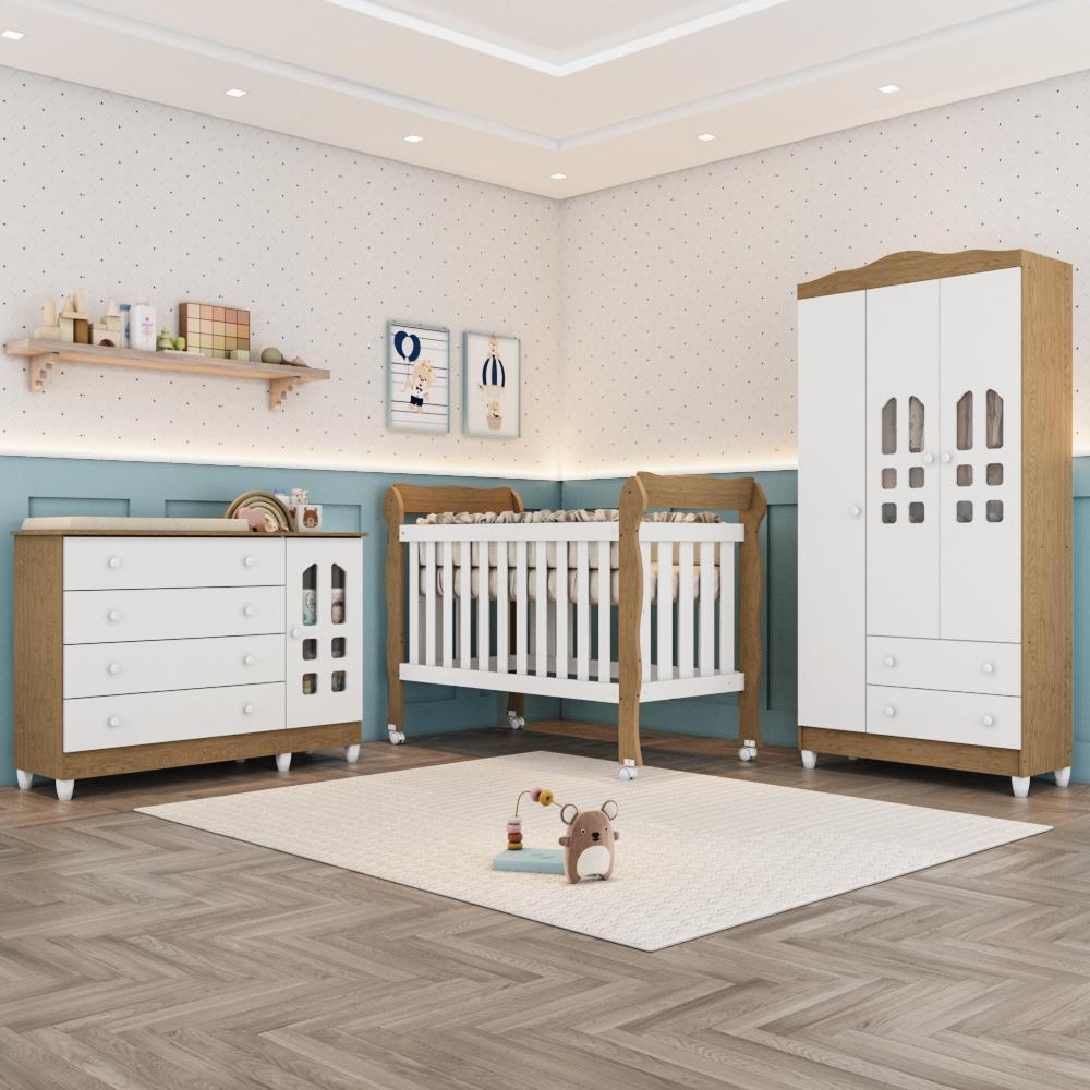 Quarto Bebê Completo Berço Americano 3Em1 Lila Guarda Roupa 3 Portas Cômoda Infantil 100% MDF