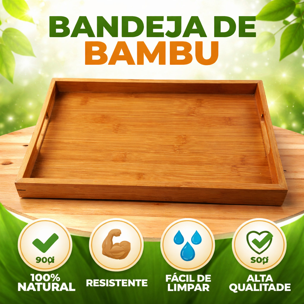 Bandeja Retangular De Bambu Top Útil 35x24x4Cm Multiuso Decorativa
