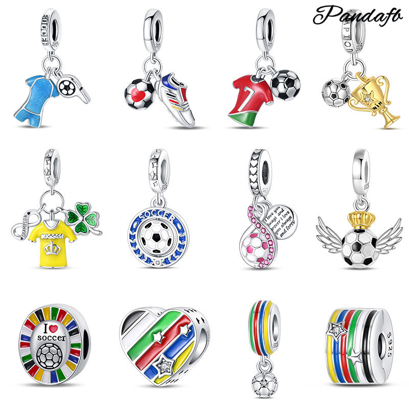 100% s925 prata esterlina série sorte futebol troféu contas pulseira compatível jóias DIY
