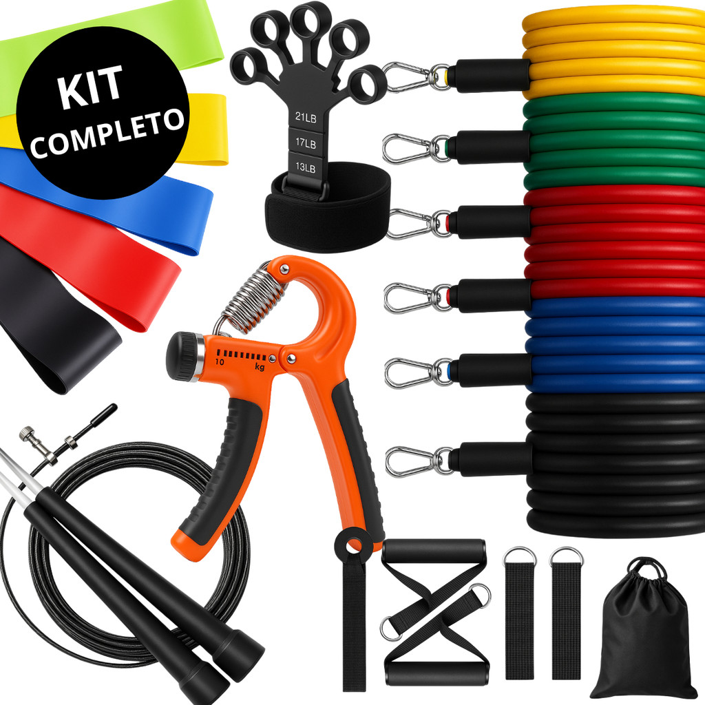 Imagem Kit Completo Treino em Casa - Elásticos Extensor Dedos Mini Band Corda HandGrip + Brinde