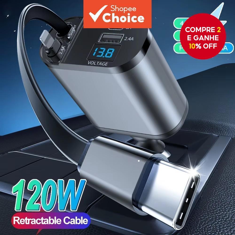  4 em 1 Carregador de Carro Retrátil 120W Cabo USB Tipo C para iPhone Huawei Samsung Adaptador de Isqueiro com
