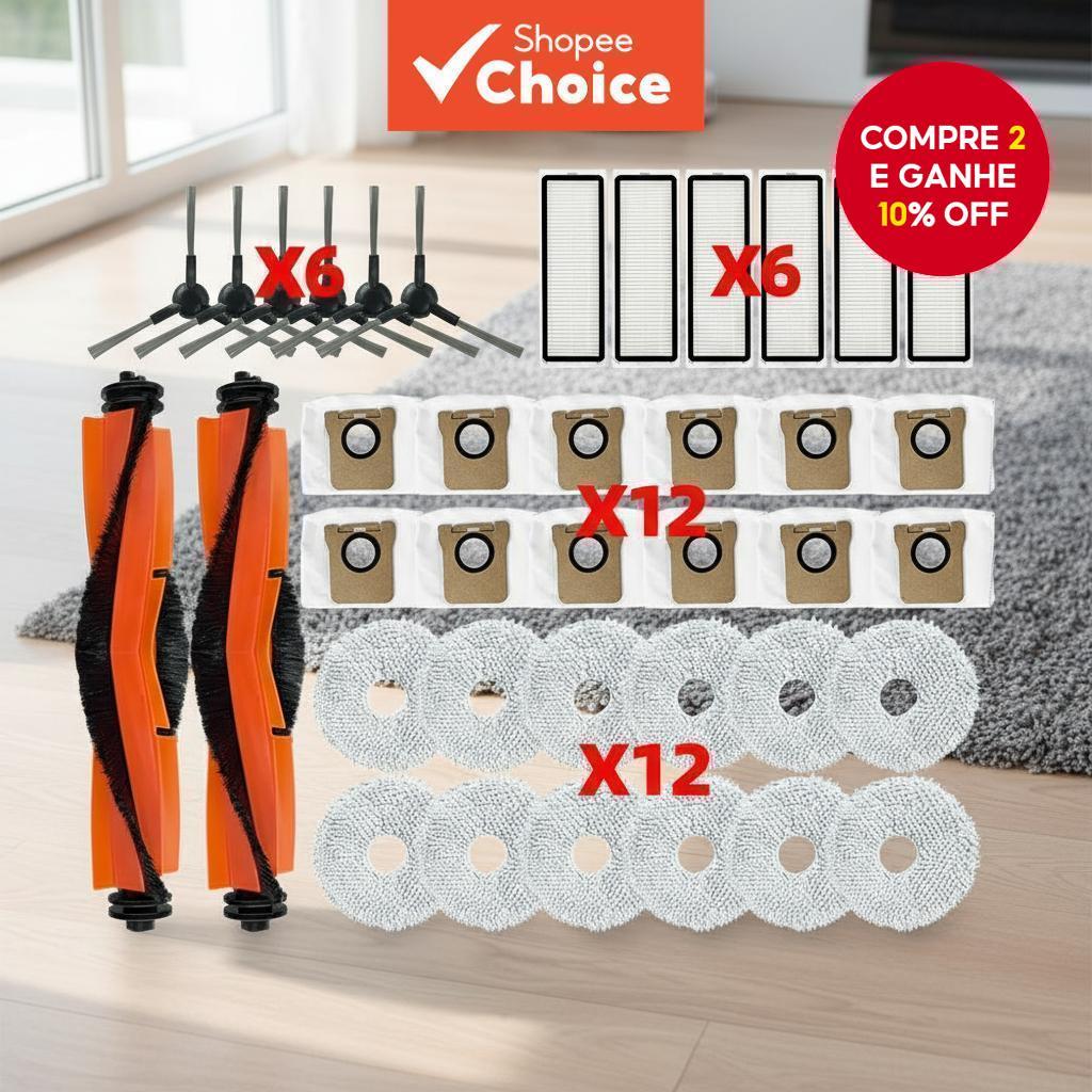  Xiaomi X20 Max/D109GL Acessórios de Substituição: Escova Principal, Escovas Laterais, Filtro HEPA, Panos de Mop, Sacos