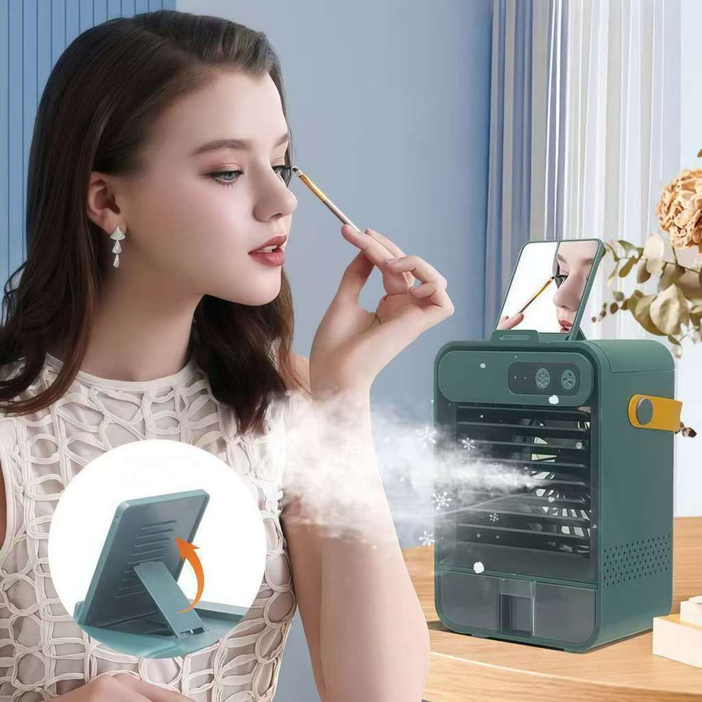 Mini Ar-Condicionado Portátil 3 em 1 com Gelo, Umidificador, 3 Velocidades e USB Type-C + Espelho Integrado