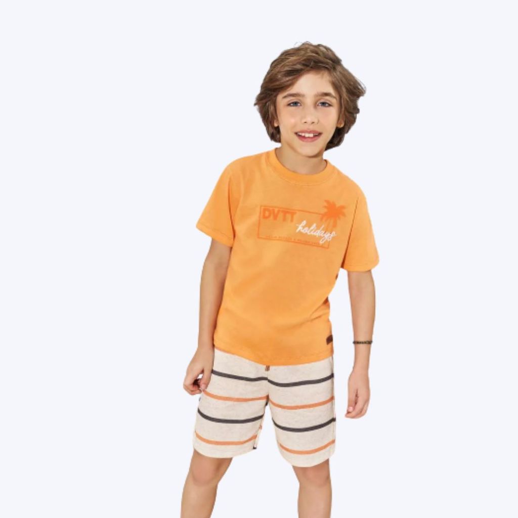 Conjunto Camiseta Manga Curta Holidays E Bermuda Moletom Listrada Infantil Menino Divertto Baby 27031 Laranja
