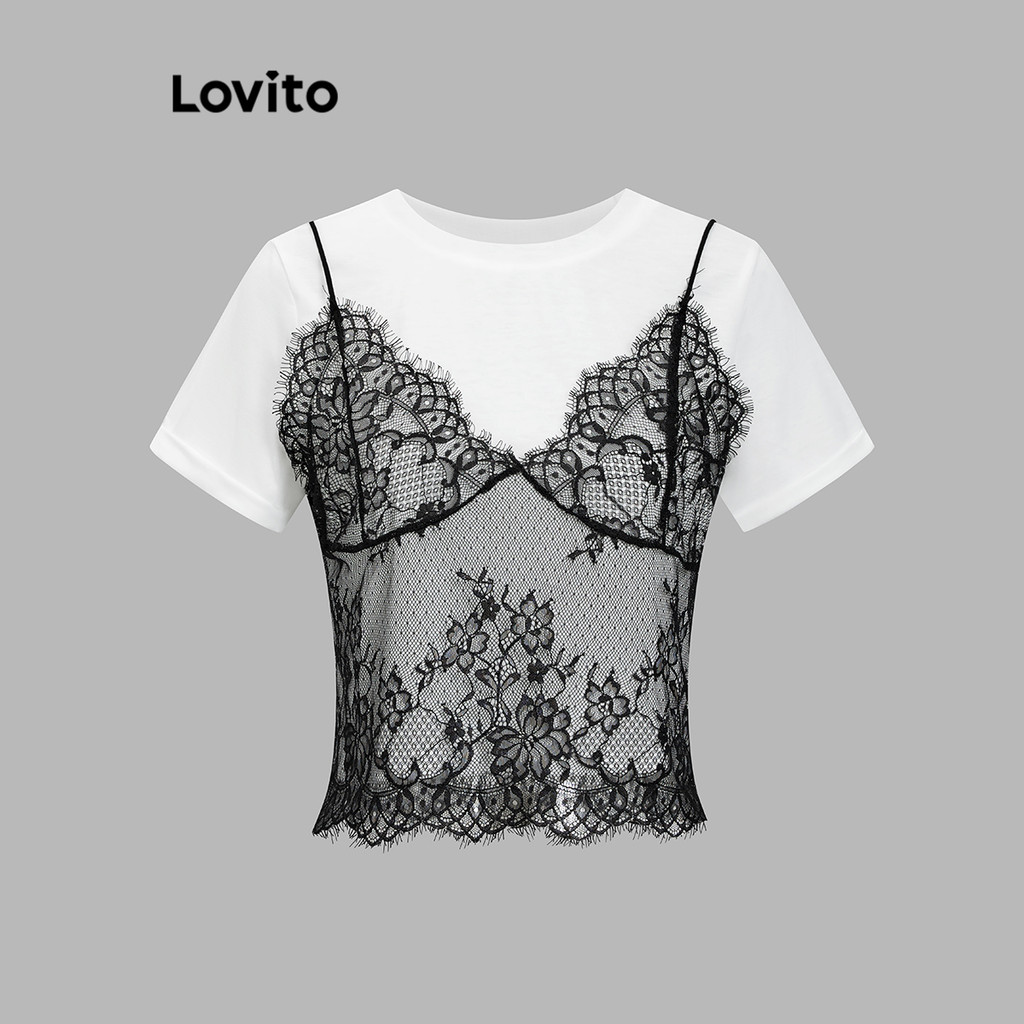 Lovito Camiseta Elegante Com Costura Em Tecido De Renda Lisa Para Mulheres L106AD114 em Oferta na Shopee
