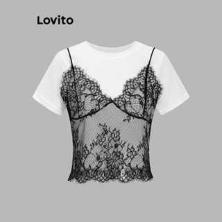 Lovito Camiseta Elegante Com Costura Em Tecido De Renda Lisa Para Mulheres L106AD114 em Oferta na Shopee