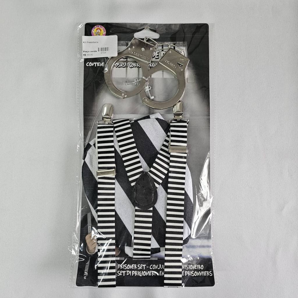 Kit Fantasia Presidiário Suspensório, Algema, Boina Carnaval