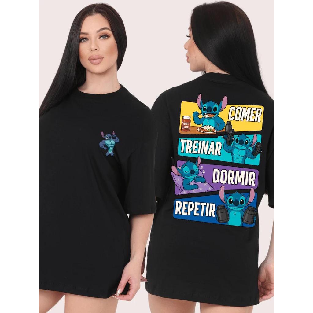Camiseta Feminina Streetwear Algodão Penteado Infantil Adulto Plus Size Estampa Volei Stitch Treino Dieta Academia top