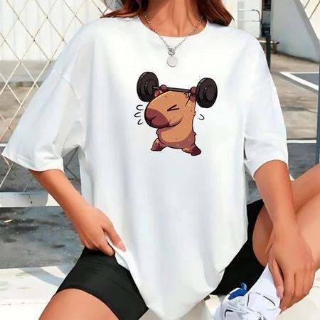 Camiseta Feminina Streetwear Algodão Penteado Infantil Adulto Plus Size Estampa capivara Treino Academia Musculação