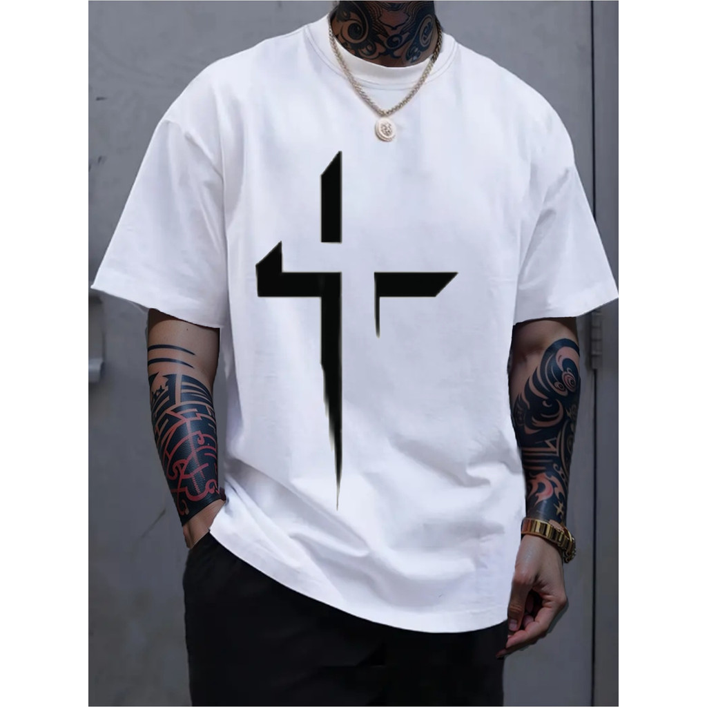 Camiseta Masculina Cruz Preto Branco Geométrica Esportiva Confortável Moderna Estilosa Academia Verão