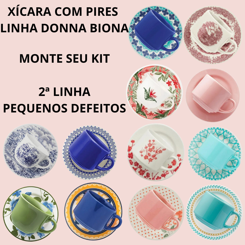 Jogo de Xícara c/ Pires de Cerâmica 2ª Linha Pequenos Defeitos Monte seu Kit com 2, 4 ou 6 unidades
