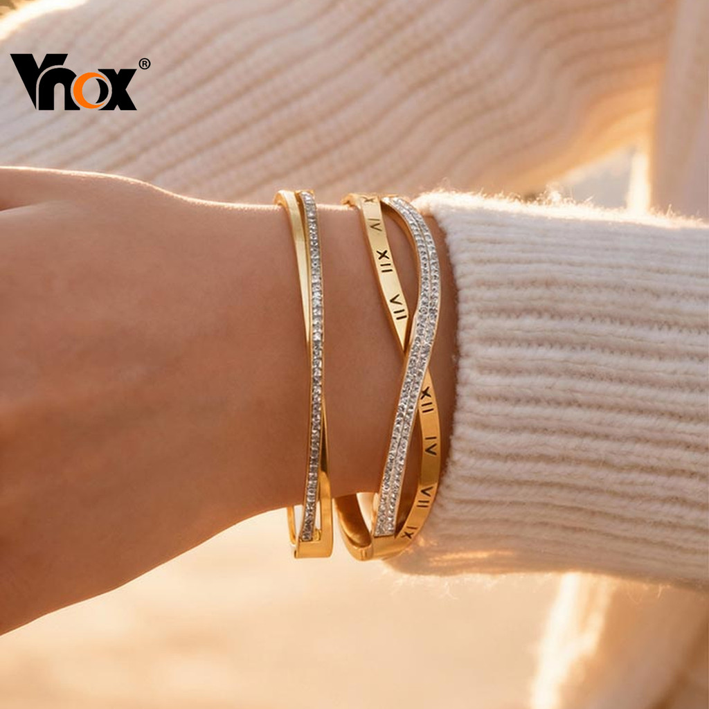 Pulseira Feminina Vnox Com Algarismos Romanos Cruzados Em Aço Inoxidável – Punho De Zircônia Que Pode Ser Aberta , Joias em Oferta na Shopee