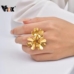 Anel De Flor Polido Dourado De Aço Inoxidável Vnox , Ajustável Aberto Suave , Joias Florais Elegantes Para Mulheres