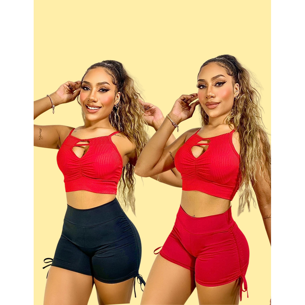 Kit 2 Short Feminino Academia Empina Bumbum Cintura Alta com Cordinha Lateral Reguláveis Fitness e Praia em Oferta na Shopee