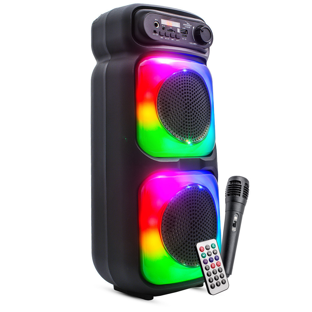 Caixa Musical Karaokê Com Iluminação RGB Bluetooth Rádio FM Microfone Som Potente 20W e Alça Fixa