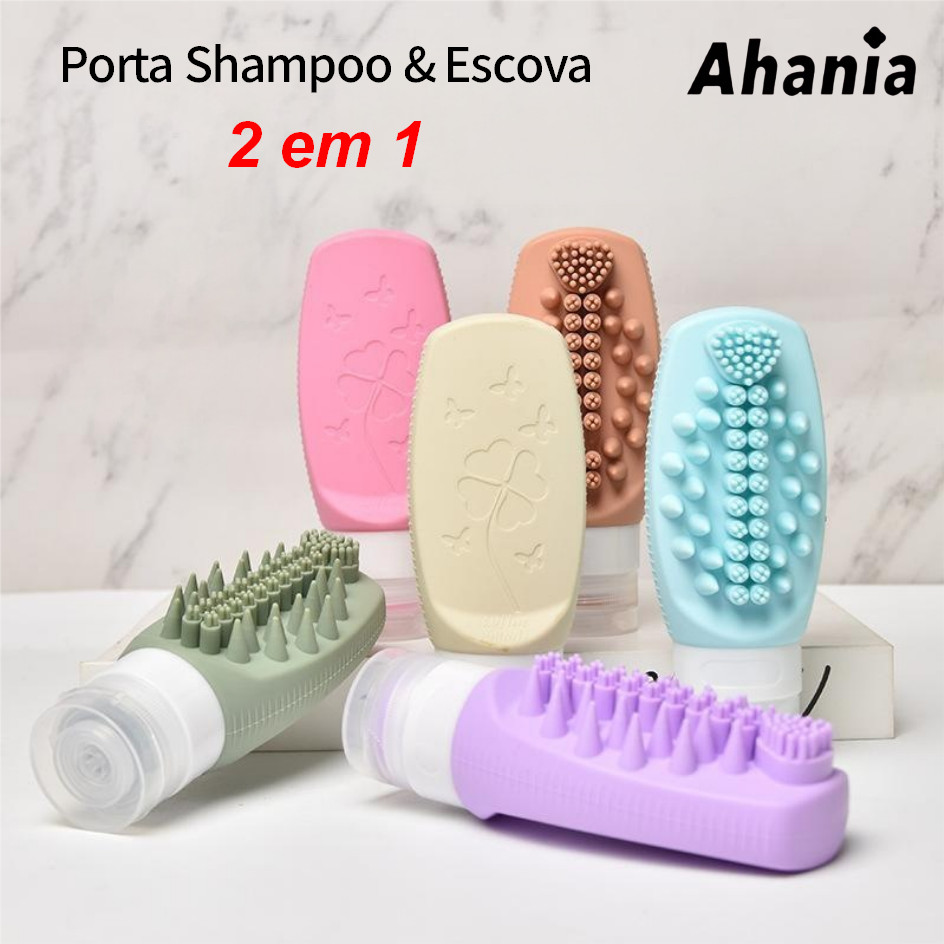 Porta Shampoo De 90ml E Escova Para Lavar Cabelo Silicone 2 Em 1,  Frascos Recipientes, Massageador Couro Cabeludo