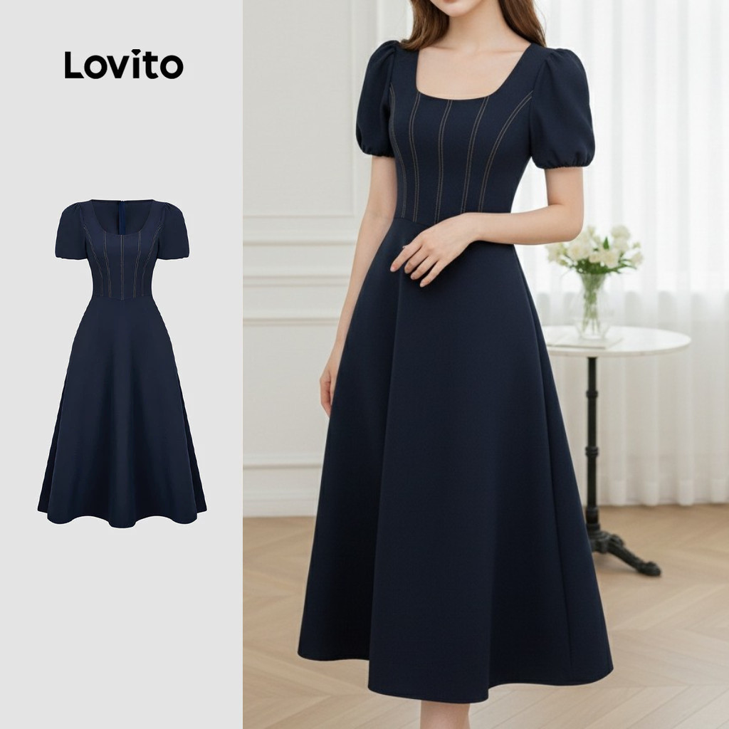 Lovito Vestido Elegante Estrutura Linha Contraste de Amarração Vestido Primavera/verão Azul marinho Mulheres L164ED207 em Oferta na Shopee