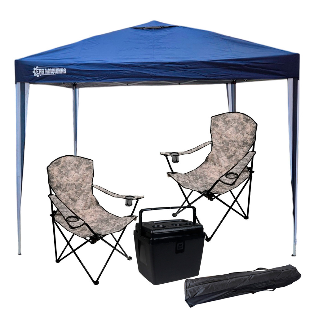Tenda ERB Máquinas 3x3M Dobrável 2 Cadeira Camuflada Dobrável Kala Cooler Preto 28 LItros Bel