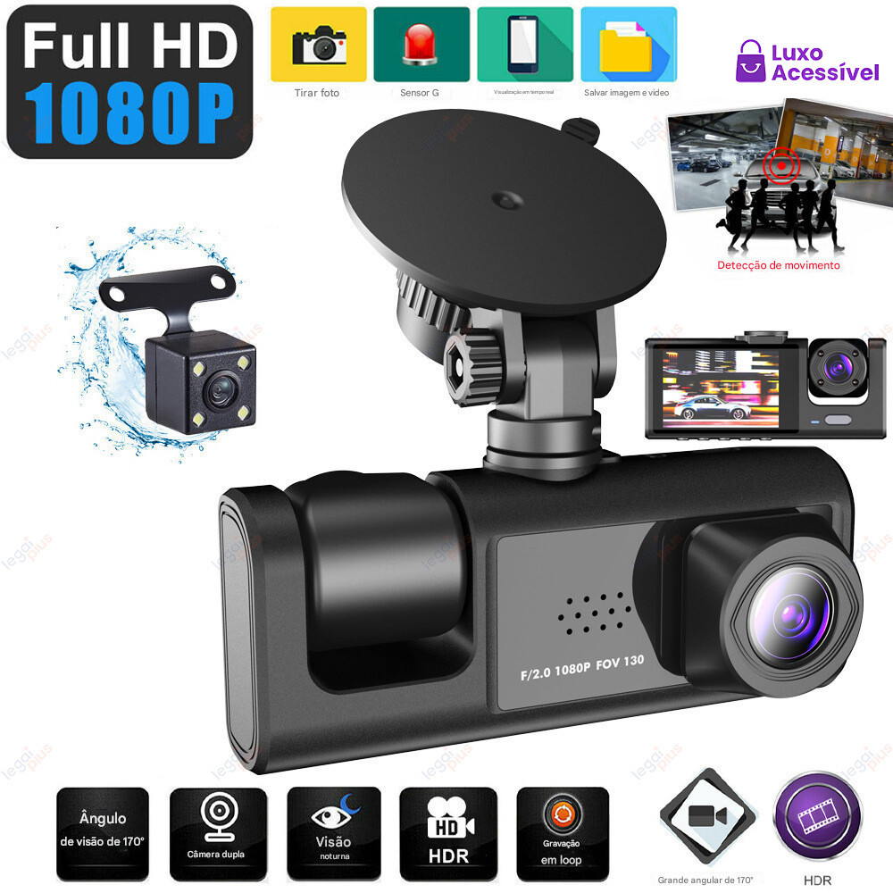 Espelho Retrovisor Dashcam WiFi 3 Lentes 64GB, Gravação HD 1080P Frente e Traseira, Monitoramento 24h