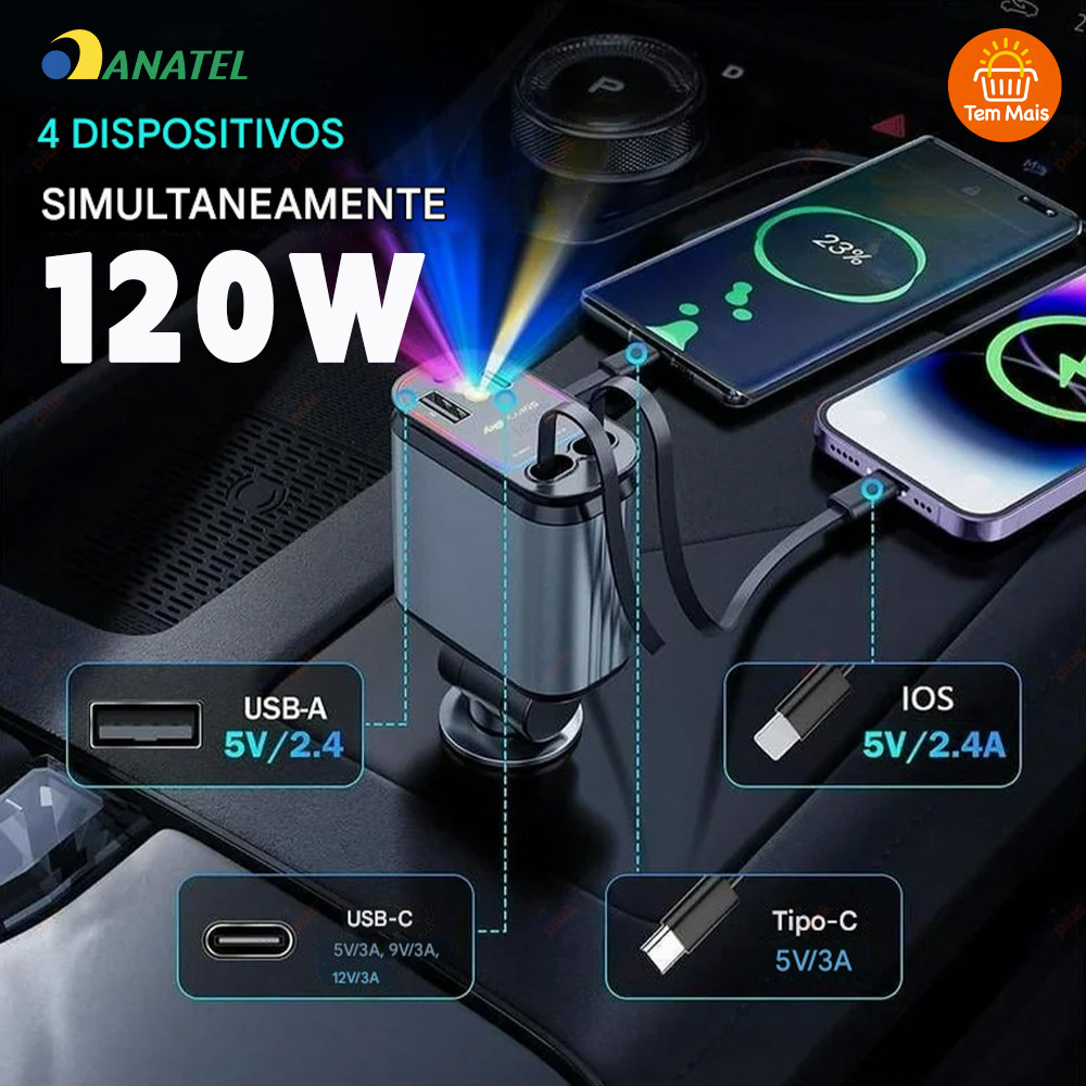 Carregador para Carro Ajustável 180° com Cabo Retrátil 4 em 1 Rápido e Luz LED iPhone Android