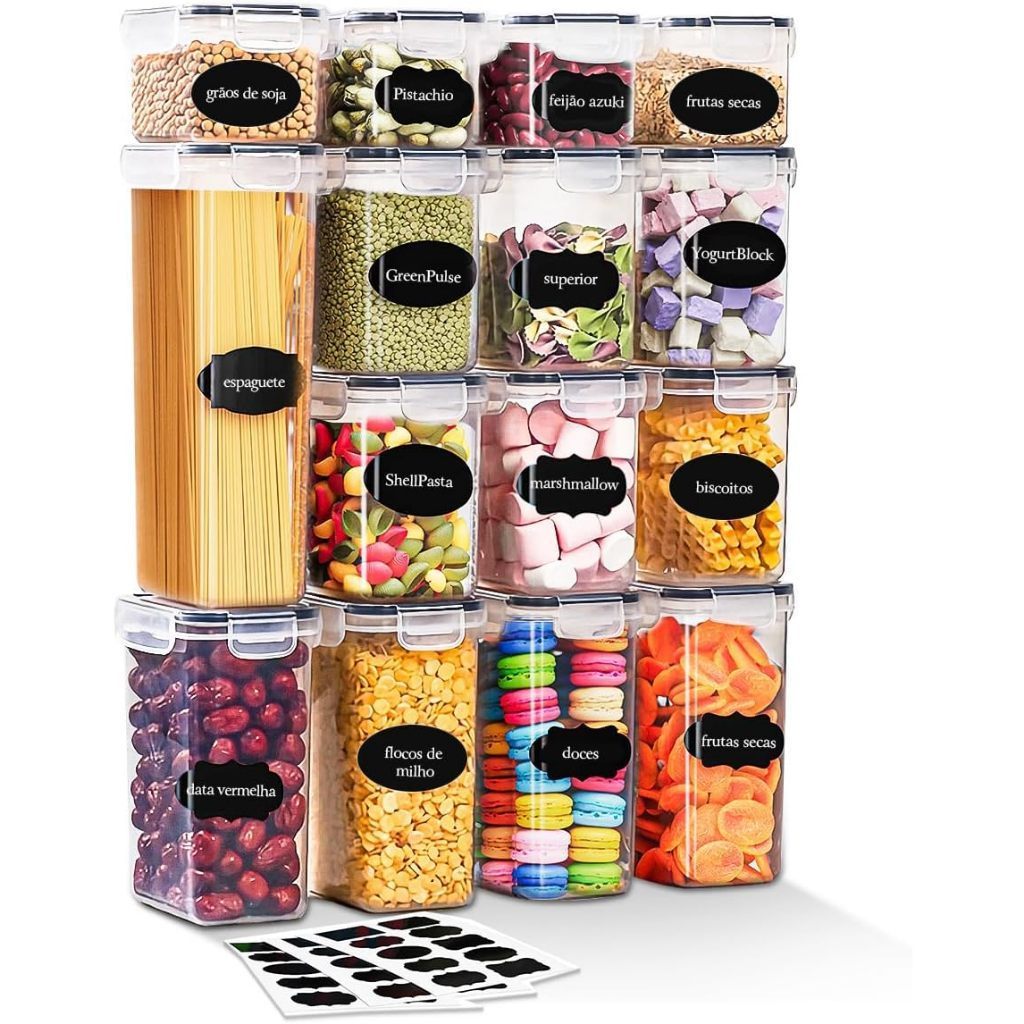 Kit 15 Potes Herméticos Mantimentos Quadrado Cozinha Tampa Trava Recipientes De Organização Top