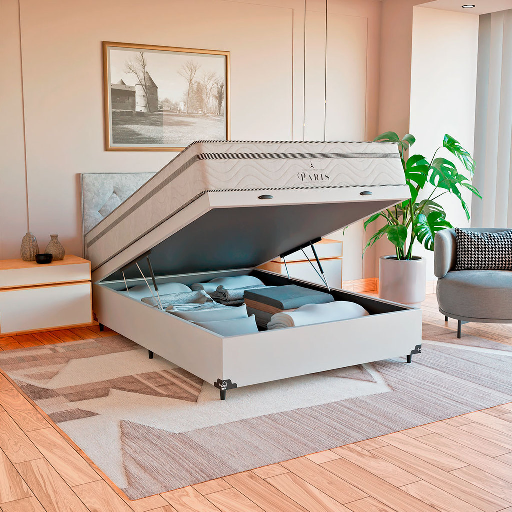 Cama Box Baú Viúva + Colchão Paris Molas Ensacadas Branco
