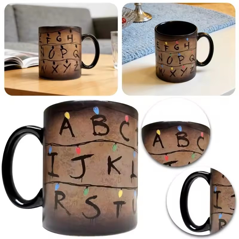 Caneca De Cerâmica Mágica Termossensível Que Muda De Cor-Design De Alfabeto Ativado Por Calor Revela Lâmpadas Coloridas
