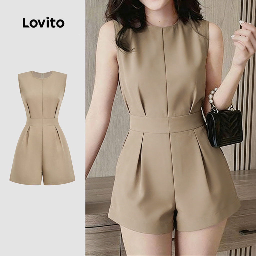 (Elegante) Lovito Macacão com Linha Primavera/verão Macacão Cáqui para mulheres