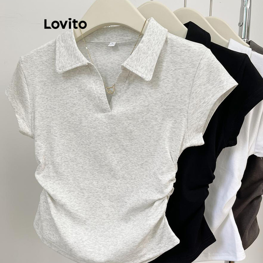 Lovito Camiseta Casual Lisa Franzida Para Mulheres LNE62535
